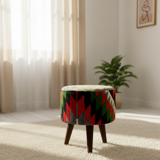 Kilim Printed Round Cone Leg Ottoman