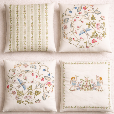 Green Cozy  Birds and Floral Pattern Cushion Cover Pack of 4