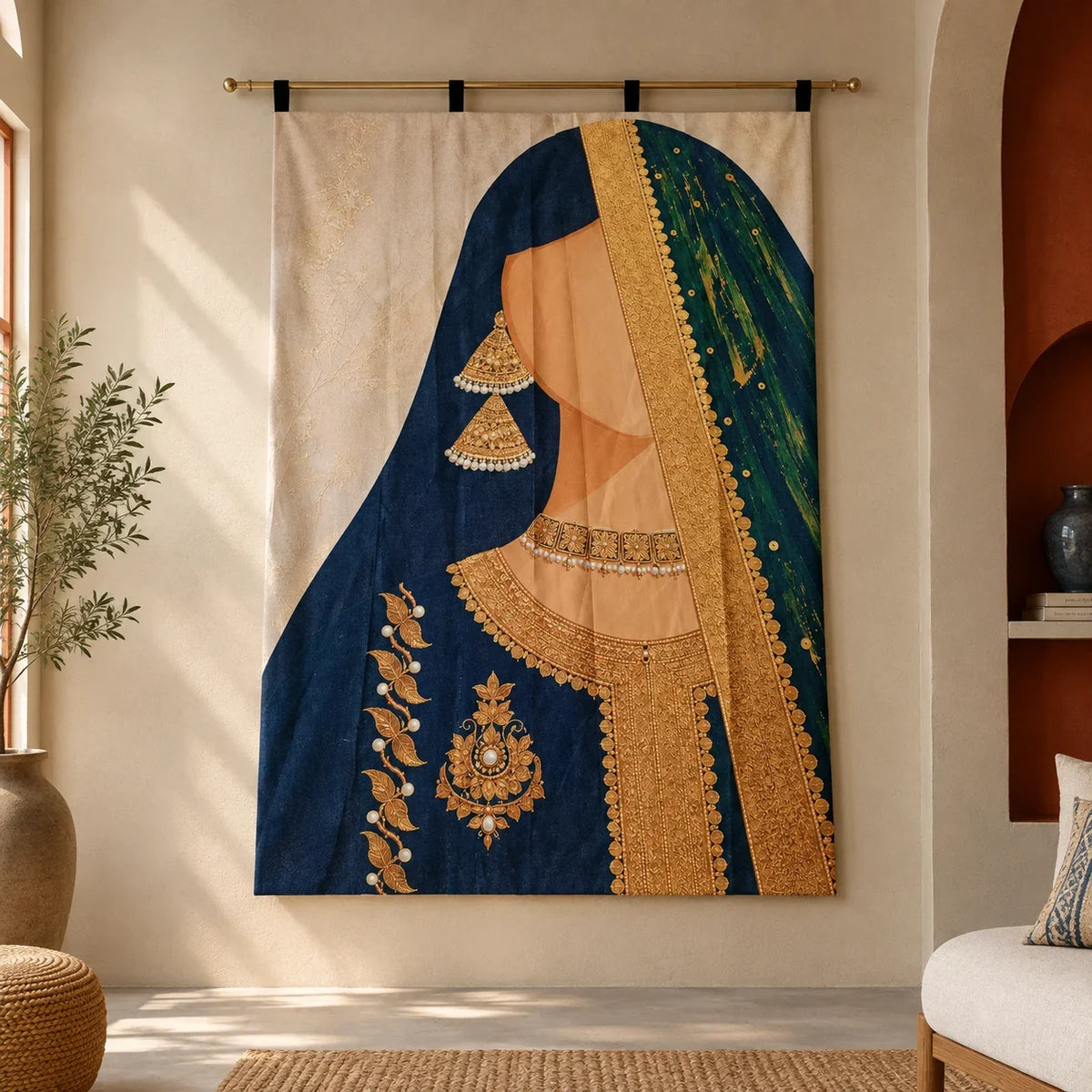 The Golden Veil Tapestry hanging on a wall 
