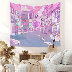 Purple illustrated streetscape tapestry hanging above a bed.