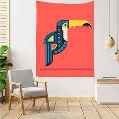 Coral tapestry with a colourful illustrated toucan.