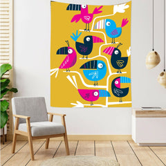Yellow tapestry with brightly coloured illustrated birds.