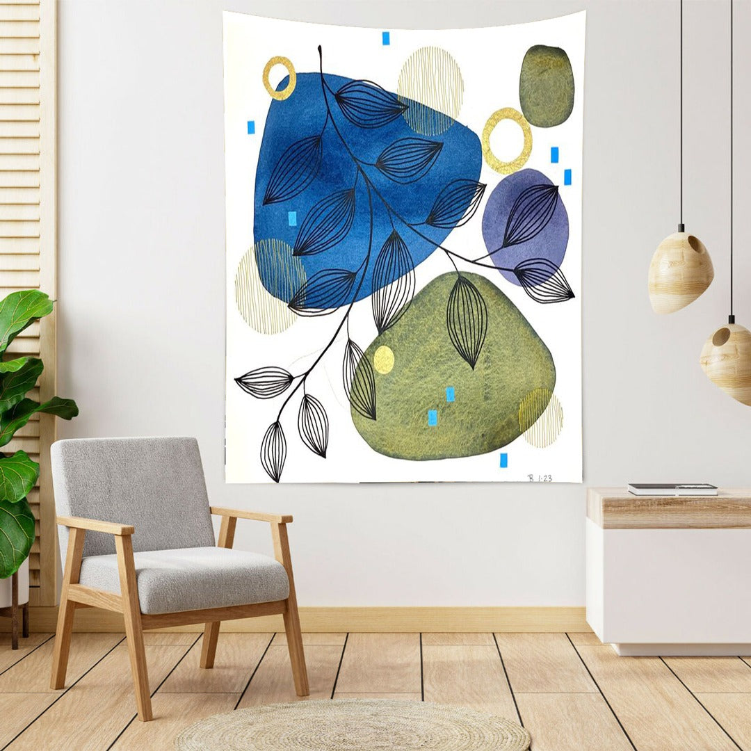 White tapestry with abstract blue and green floral shapes.