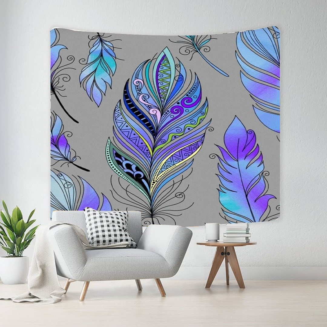 Grey tapestry with large blue, teal and purple feather motifs.