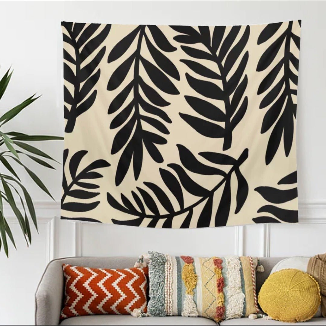 Cream tapestry with black leafy branch silhouettes.