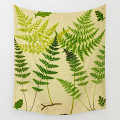 Cream tapestry with assorted green fern leaves.