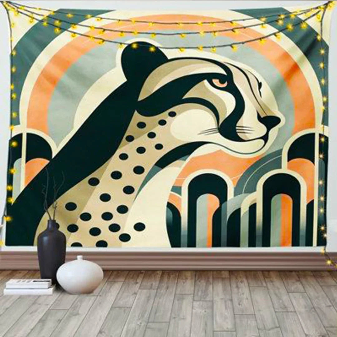 Decorative tapestry with a stylised spotted big cat and warm geometric background.