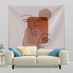 Abstract face-line tapestry with cream, peach and brown shapes.